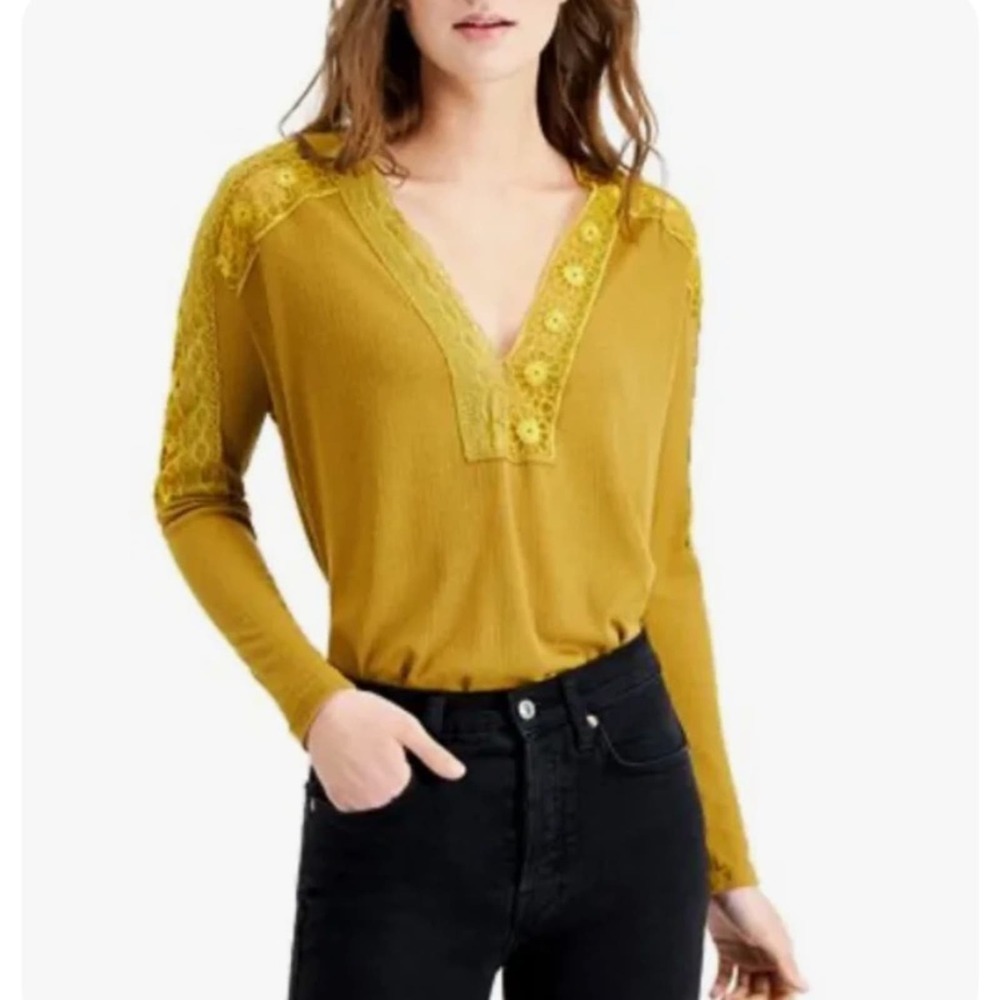 Free People | Mustard yellow lace inset relaxed Lola long sleeve T-shirt •